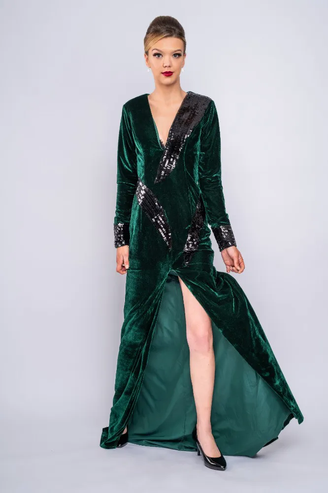DOMO CUSTOM DARK GREEN VELVET EVENING DRESS