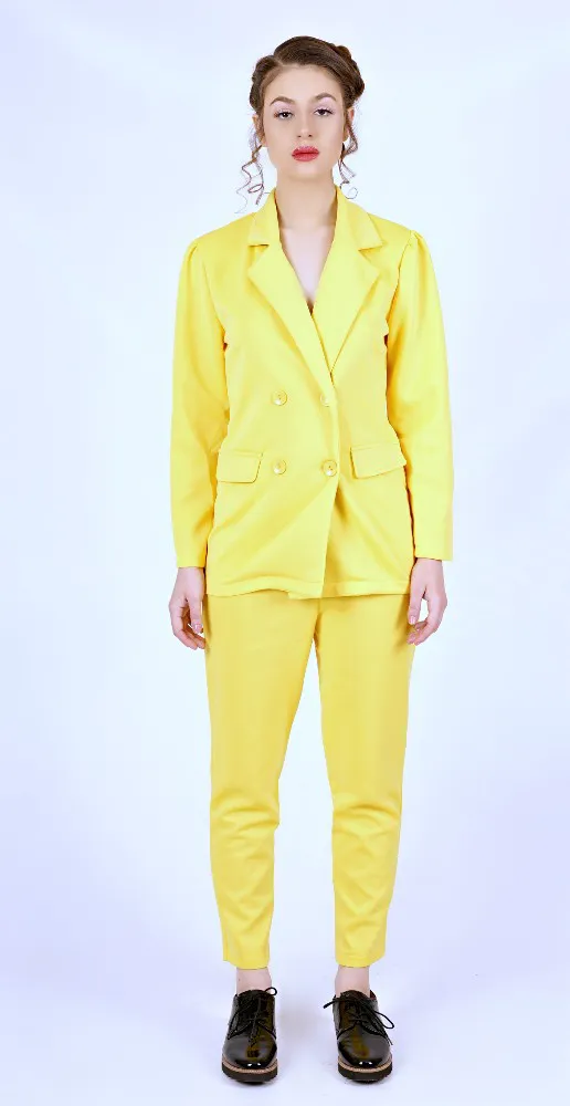 Mikado yellow slit fit four button ladies cozy suit