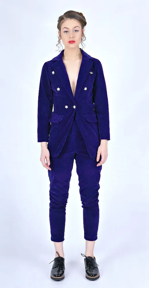 Midnight blue opoka ladies multi button slim fit velvet suit